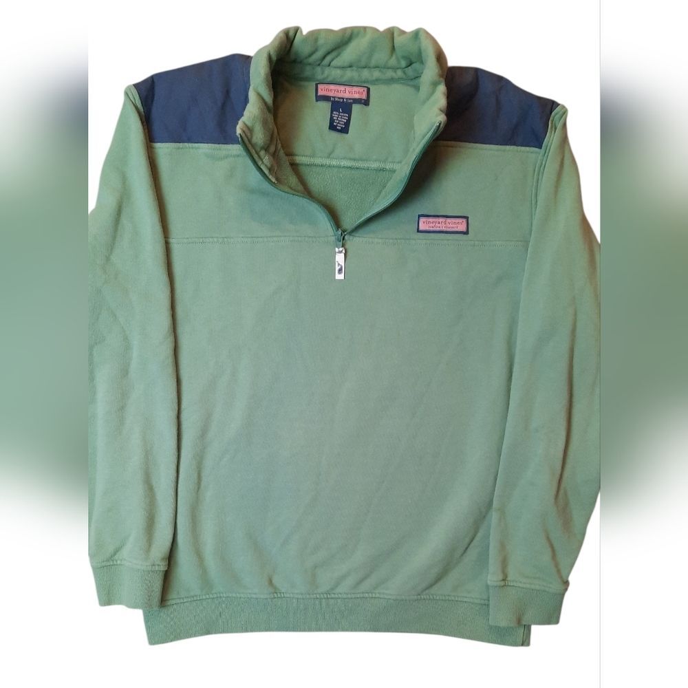Vineyard Vines Sweater Large Green and Navy Quarter Zip Beach Preppy Nautical